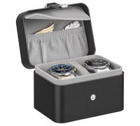 SONGMICS 2-Slot Watch Travel Case, Watch Box for 2 Watches, Pillow with Hidden Storage, Adjustable Divider, Flap Pocket, 10.1 x 12 x 8.5 cm, Gift Idea, Ink Black Surface, Dove Grey Lining JWB029GD01