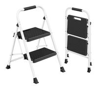 SONGMICS 2-Step Ladder, Folding Steel Step Stool with Anti-Slip Steps, Portable Stepladder, Supports 150 kg, for Home, Office, Kitchen, Garden, 54.5 x 46.5 x 79 cm, White GSL202WZ01