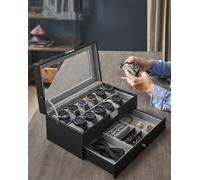 Songmics 2-Tier Watch Display Case For 12 Watches, Lockable, 1 Drawer, Gift Idea, Black Synthetic Leather, Grey Lining