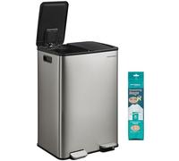 SONGMICS 2 x 30 L Dual-Compartment Pedal Rubbish Bin, Stainless Steel | 60L Kitchen Bin, Soft-Close Lid, Inner Buckets, Includes 15 Liner Bags, Silver and Black, PARY Collection LTB741EZ01
