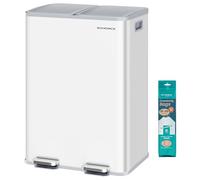 SONGMICS Kitchen Bin, 2 x 8 Gallon (2 x 30 L) Dual-Compartment Pedal Rubbish Bin with Soft-Close Lid and Inner Buckets, Steel, Includes 15 Liner Bags, Matte White LTB741W02