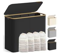 SONGMICS 200L Laundry Basket with Lid, Laundry Hamper with Bamboo Handles | Washing Basket for Bedroom, Bathroom, 4 Removable Mesh Liner, Collapsible, Oxford Fabric, Bamboo, Ink Black, LCB514BH01