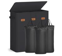 Laundry basket with three compartments lid washable liner and labels, Ink Black