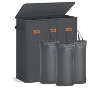 Laundry basket with three compartments lid washable liner and labels, Dark Grey