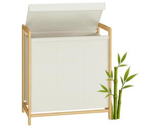 SONGMICS 3-Compartment Laundry Basket, Bamboo Frame, 150 L | Dirty Laundry Hamper, Reinforced and Removable Lid, Removable Bag, White and Yellow, ROCKI Collection RLH103WD01