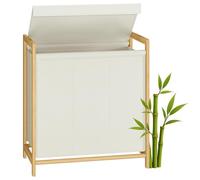 SONGMICS 3-Compartment Laundry Basket, Dirty Laundry Hamper, Bamboo Frame, Reinforced and Removable Lid, Removable Bag, 150 L, Cream White RLH103WD01