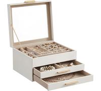 SONGMICS Jewellery Box with Glass Lid, 3-Layer Jewellery Storage Organiser with 2 Drawers, Plenty of Storage, Modern, Gift Idea, 20.3 x 23.1 x 13.5 cm, Cloud White and Gold JBC239WT