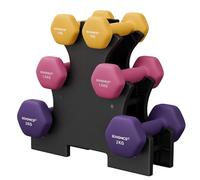 SONGMICS Set of 6 Dumbbells with Storage Stand, Hand Weights with Neoprene Coating, Hexagonal Dumbbells, 1 kg, 1.5 kg, 2 kg, Home Workout, Fitness, Yellow, Pink, and Purple SYL609B02