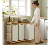 Songmics 3-Section Laundry Basket With Shelf And Storage Pockets, Organiser Hamper With Bags, Cream White