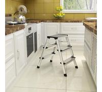 Songmics 3-Step Aluminium Ladder With Non-Slip Steps, Versatile Ladder For Household Use, Silver Grey And Ink Black