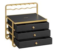 SONGMICS 3-Tier Jewellery Box, Drawer Jewellery Organiser, with Open Storage, Hanging Rack, for Vanity Table, Metal Frame, 20.5 x 22.7 x 23.5 cm, Gift Idea, Ink Black JBC168B01
