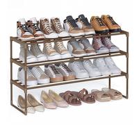 SONGMICS 3-Tier Shoe Rack, Metal Shoe Storage Organiser | Shoe Storage Rack 92 x 30 x 55 cm, Upright or Upside Down Stackable for Hallway, Walnut Brown, DEKY Collection LSA303K01
