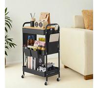 LEDREM 3-Tier Storage Trolley, Rolling Cart With Table Top, 2 Removable Hanging Cups, 6 Side Pockets, Utility Cart For Living Room