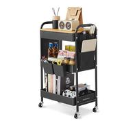 SONGMICS 3-Tier Storage Trolley, Rolling Cart with Table Top | Utility Cart for Living Room, 2 Removable Hanging Cups, 6 Side Pockets, Ink Black and Golden Oak PATAYE Collection LRC036B01