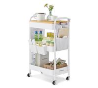 SONGMICS 3-Tier Storage Trolley, Rolling Cart with Table Top | Utility Cart for Living Room, 2 Removable Hanging Cups, 6 Side Pockets, Cloud White PATAYE Collection LRC036W01