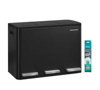 SONGMICS 3 x 15 L Kitchen Bin, 3-Compartment, Steel | Recycling Bin, 15 Rubbish Bags, Removable Inner Buckets, Lid, Handles, Soft Close, Black, PARY Collection LTB145BZ02