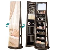 SONGMICS 360° Swivel Jewellery Cabinet with LED Lights | Frameless Full-Length Mirror with Built-in Mirror, 2 Drawers, Hooks, Shelves, Brown and Black, BERIT Collection JJC007K02