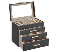 SONGMICS Jewellery Box with Glass Lid, 4-Layer Jewellery Storage Organiser with 3 Drawers, Plenty of Storage, Modern, Gift Idea, 15.3 x 25.1 x 21.5 cm, Grey and Gold Colour JBC161C01