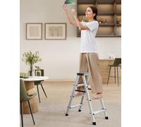 Songmics 4-Step Aluminium Ladder, Designed With Non-Slip Steps For Enhanced Safety, Silver Grey And Ink Black