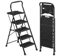 Songmics 4-Step Folding Ladder, Steel Step Stool With Anti-Slip Feet, 161 X 45.5 X 7.5 Cm, Black
