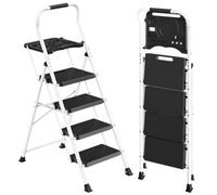 Songmics 4-Step Folding Ladder, Steel Step Stool With Anti-Slip Feet, 161 X 45.5 X 7.5 Cm, White