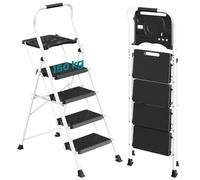SONGMICS 4-Step Ladder with Tool Tray, Wide Anti-Slip Pedals Step Stool