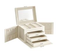 SONGMICS 4-Tier Jewellery Box, Lockable Jewellery Organiser with Handle, 3 Drawers, Travel Jewellery Case with Mirror, Jewellery Storage, Gift Idea, Cloud White Cover, Cream White Lining JBC159W02