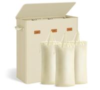 SONGMICS 42.2 Gallon (160 L) Laundry Hamper, 3-Compartment Laundry Basket Sorter with Lid, Labels, Removable Liner Bags, for Bedroom, Cream White URLH013W01