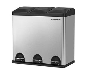 SONGMICS 54L Recycling Bin, Rubbish Bin, Steel Pedal Bin with 3 Sections, Inner Buckets, 6 Sorting Labels, for Easy Waste Separation, Silver and Black LTB54L