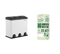 SONGMICS 54L Recycling Bin, Rubbish Bin, Steel Pedal Bin with 3 Sections, Inner Buckets & BioBag 184052 Bag Compostable Caddy Bin Liners, 20 liters, Green