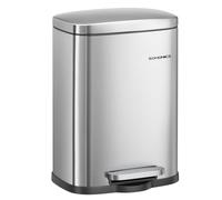 SONGMICS 5L Silver Bathroom Bin, Easy-Clean Stainless Steel, Soft-Close Lid | Hands-Free Opening, Bag Holder and Space-Saving Design for Bathrooms and Small Spaces, LTB005EZ01