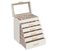 SONGMICS Jewellery Box with Glass Lid, 6-Layer Jewellery Storage Organiser with 5 Drawers, Plenty of Storage, Modern, Gift Idea, 16.3 x 25.1 x 29 cm, Cloud White and Gold Colour JBC171W01