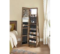 Songmics 6 Leds Lockable Mirror Jewelry Cabinet, Swivel Jewelry Organizer, Frameless Full-Length Mirror, Rustic Brown