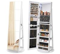 SONGMICS 6 LEDs Mirror Jewellery Cabinet, 360° Swivel Jewellery Storage Organiser, Lockable, Free-Standing Frameless Full-Length Mirror with Storage, White Surface, Black Lining JJC007W01