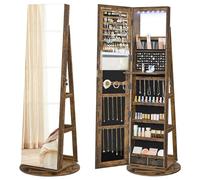 SONGMICS 6 LEDs Mirror Jewellery Cabinet, 360?Swivel Jewellery Storage Organiser, Lockable, Free-Standing Frameless Full-Length Mirror with Storage, Rustic Brown Surface, Black Lining JJC007X01