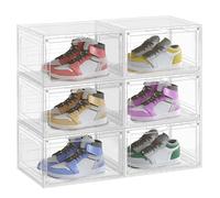 SONGMICS Shoe Boxes Set of 6, Stackable Shoe Organisers with Doors, 33 x 28.5 x 19.2 cm, Fits Shoes up to UK Size 11, Transparent White LSP506W01