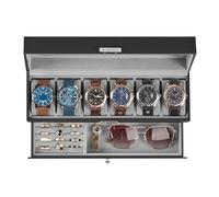 SONGMICS 6-Slot Watch Box, Lockable Watch Case with Glass Lid, 2 Layers, with 1 Drawer for Rings, Bracelets, Gift Idea, Black Synthetic Leather, Gray Lining UJWB060G01