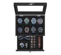 SONGMICS 8-Slot Watch Box, 2-Tier Watch Display Case with Large Glass Lid, Removable Watch Pillows, Velvet Lining, Jewelry Box, Gift Idea, Ink Black UJOW008B02