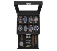 SONGMICS 8-Slot Watch Box, Lockable Watch Case with Glass Lid, 2 Layers, with 1 Drawer for Rings, Bracelets, Gift Idea, Black Synthetic Leather, Black Lining UJWB080B01