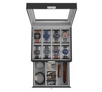 SONGMICS 8-Slot Watch Box, Lockable Watch Case with Glass Lid, 2 Layers, with 1 Drawer for Rings, Bracelets, Gift Idea, Black Synthetic Leather, Greenish Gray Lining UJWB080G01
