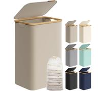 SONGMICS 90L Laundry Basket with Lid, Laundry Hamper with Bamboo Handles