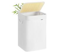SONGMICS 95 L Laundry Basket, Dirty Laundry Basket, Lid, Bamboo, Handles, Foldable, Removable Machine Washable Bag, for Laundry Room, Bedroom, White LCB060W01
