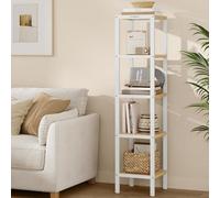Songmics Bamboo Freestanding Shelf, Five-Tier Corner Storage Unit For Kitchen, Room, Hallway, Cloud White And Natural Beige