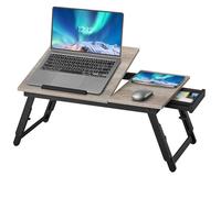 SONGMICS Bed Laptop Table, Bed Desk with Adjustable Angle and Height, Foldable Stand for Laptop up to 15.6 Inches, for Working Reading Breakfast, Bamboo Legs, Drawer, Heather Greige LLD105W01