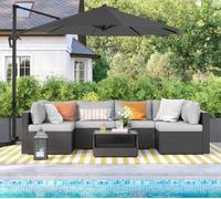Songmics Cantilever Garden Parasol, Hanging Offset Umbrella With Rotating Shade And Tilt Adjustments, Crank Open, With Base, Grey
