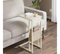Songmics Charging Side Stand, C-Shaped Table With Usb Hub And Storage, Cream White