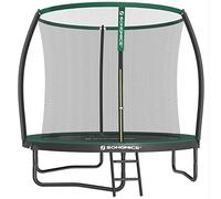 SONGMICS Children's Outdoor Trampoline Diameter 244 cm, Protective Net, Curved Pole, 180 cm High, Safety Cushions, Ladder, Steel Frame, Black and Green STR082C01