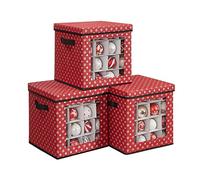 SONGMICS Christmas Bauble Storage Boxes, Set of 3 Storage Cube Bins for Christmas Decorations, 64 Box Places, Modular Dividers, 30.5 x 30.5 x 30.5 cm, Red RFB029R01