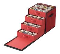 SONGMICS Christmas Decoration Storage Box, with Side Open,7.6 cm 64 Slots | Stackable Christmas Storage Container with Lid, 4 Drawer Trays,33 x 33.5 x 34.5 cm, 600D Oxford,Cherry Red RFB037R01