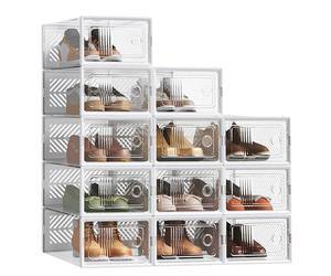 SONGMICS Clear Shoe Boxes, 12 pcs, Stackable, Breathable, Foldable | Shoe Storage Organisers, for Max. UK Size 8, Cloud White, DENNYS Collection LSP106W12